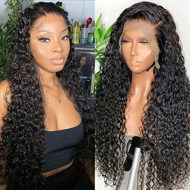 Black front lace synthetic wig with long curly hair and side bangs on display