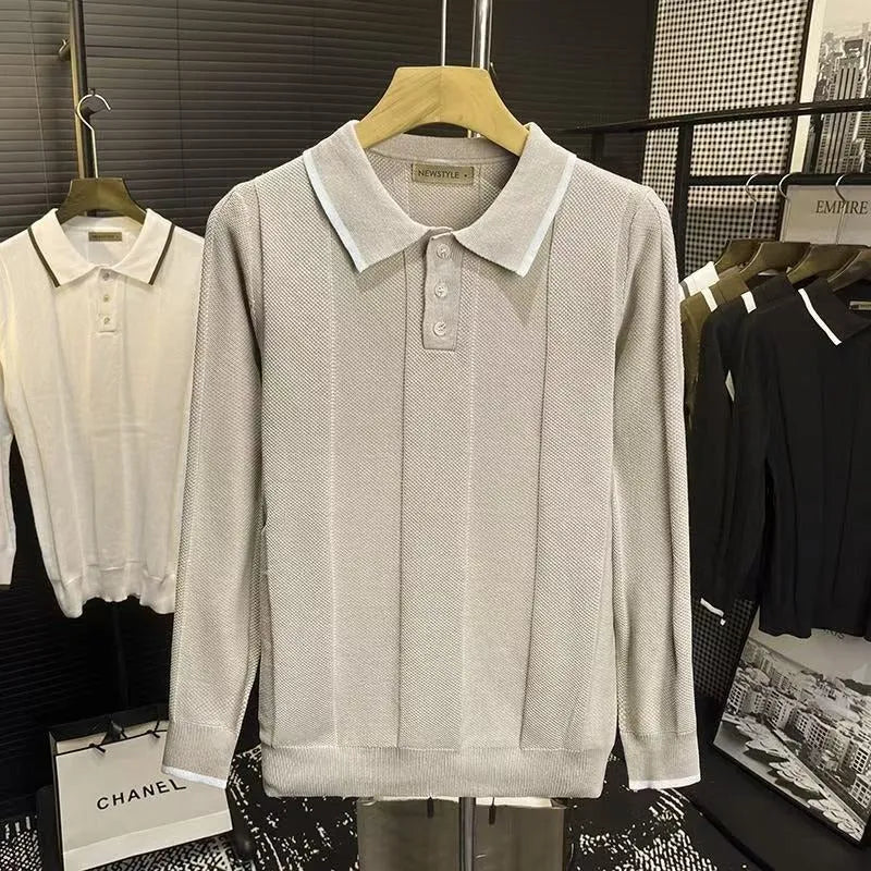 White cotton polo collar colour-blocking long sleeve knit sweater loose fit youth