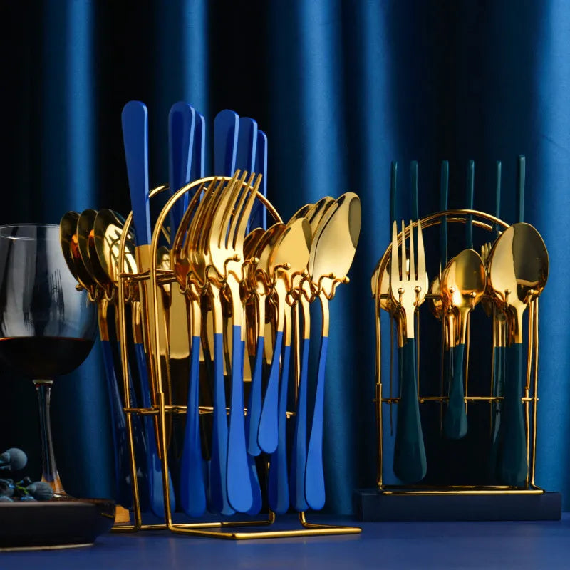 24-piece stainless steel cutlery set with storage rack showing knives forks spoons in metallic finish