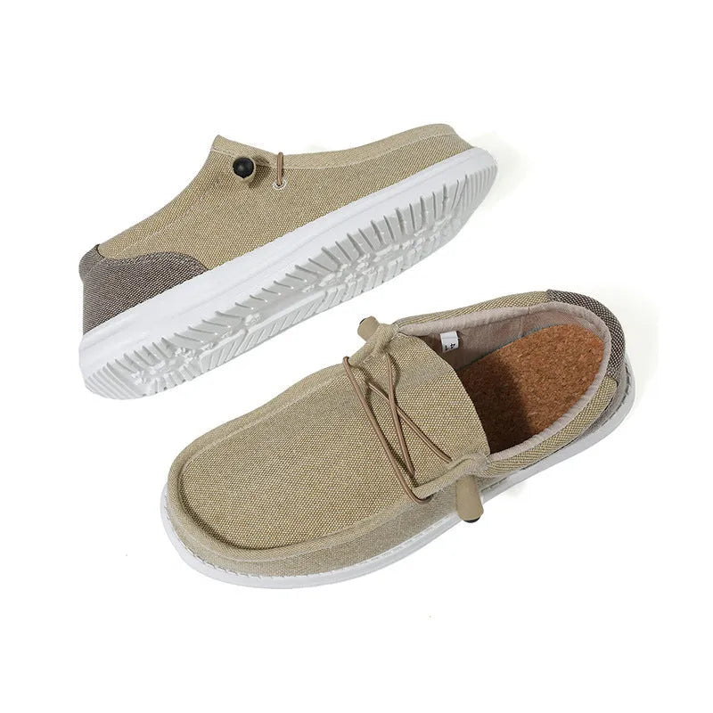 Men's green and orange canvas shoes with round toe and colour splicing detail