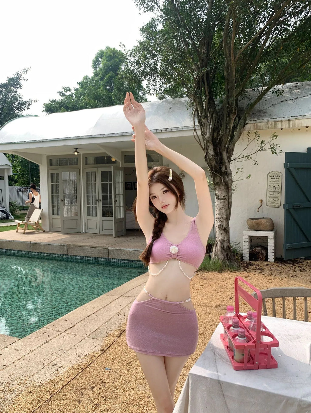 Women's pink and black three-piece polyester bikini set for swimming and hot springs