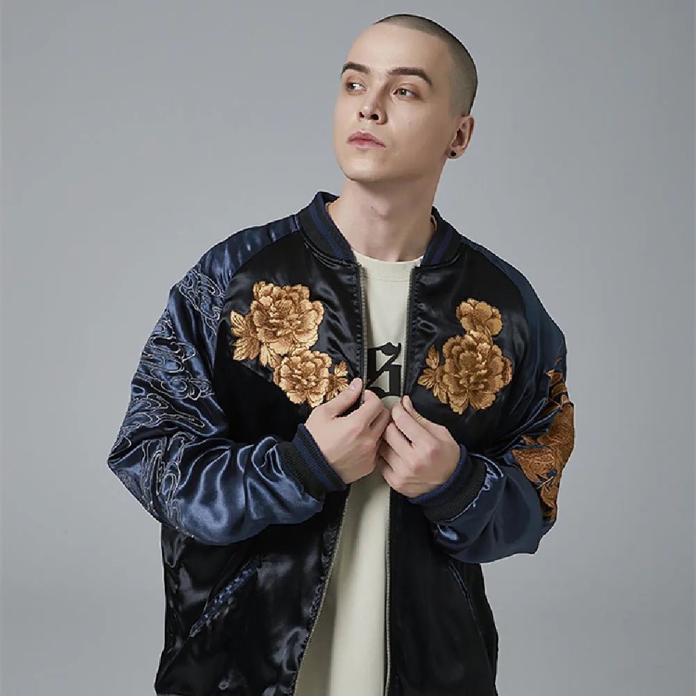 Men's satin jacket with lion king embroidery and animal pattern in champagne or faint blue, sizes M-3XL