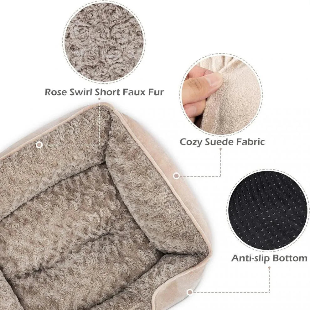 Beige pet kennel bed with golden retriever stuffed toy and removable faux fur cover