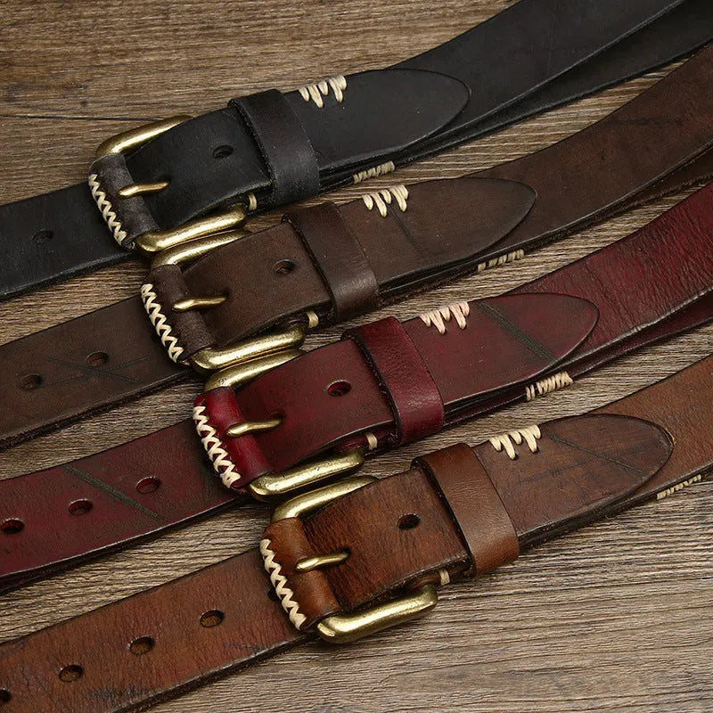 Handmade retro genuine cow leather belt with copper buckle in brown colour