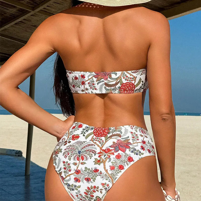Women's printed bandeau swimsuit set with matching triangle bikini top and shorts for swimming activities