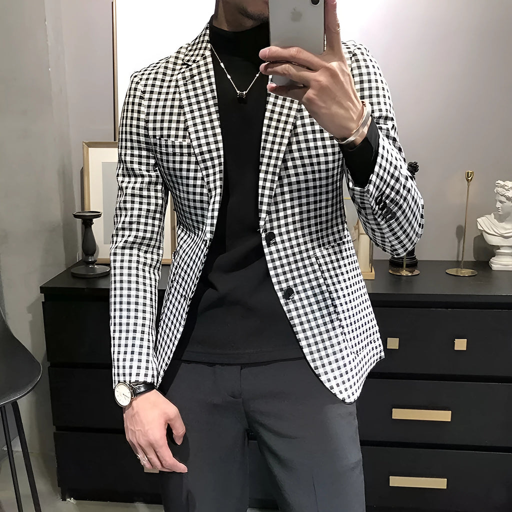 Black and white plaid casual jacket for youth, cotton blend, loose fit, sizes M to 2XL