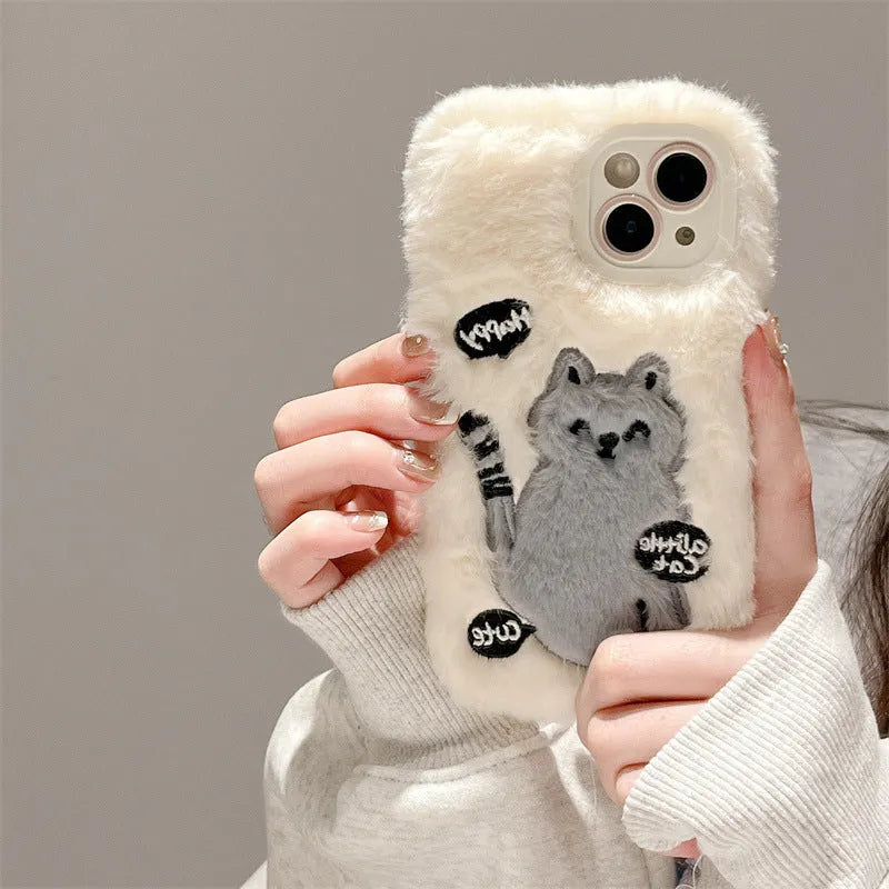 Three-pack soft shell TPU phone case with plush embroidery happy cat pattern for iPhone