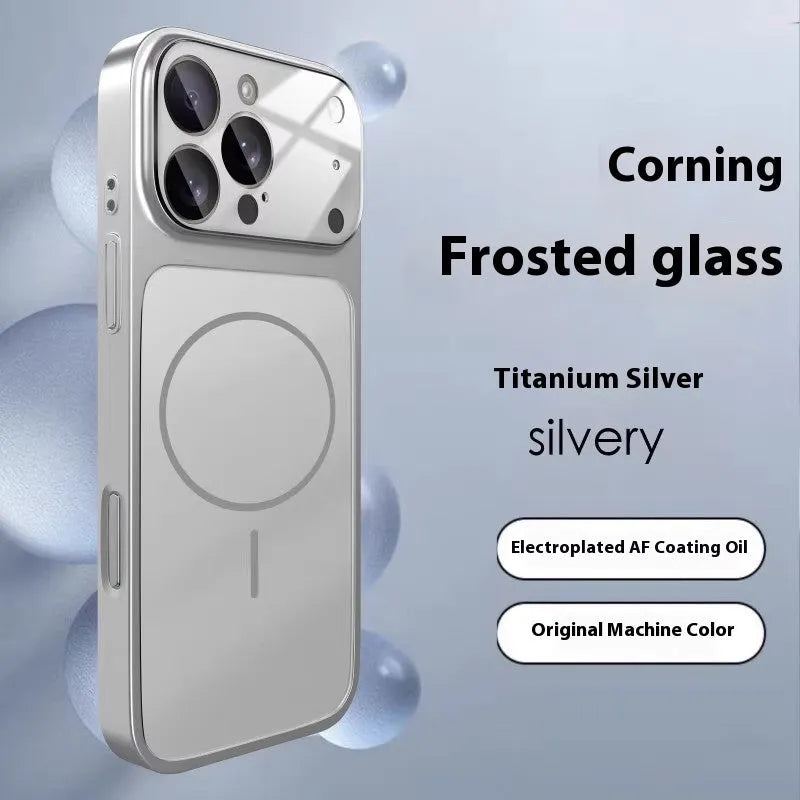 Frosted tempered glass phone case with magnetic suction in black, orange, or titanium grey for iPhone 13 to 17 Pro Max