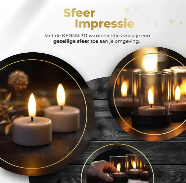 Set of four taupe coloured S10 3D flame LED tealight candles displayed together.