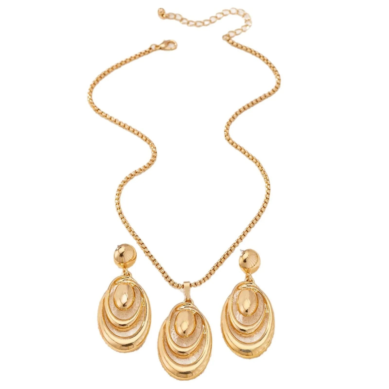 Fashion creative multi-ring drop shape earrings necklace three-piece set in golden alloy for women