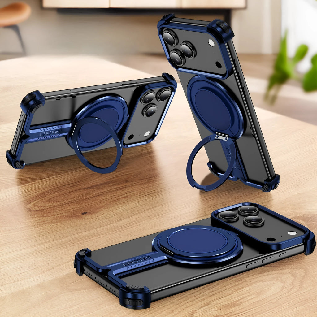 Titanium alloy bone sensing bracket frameless phone case for iPhone 17 series in black, sapphire blue, orange, and grey.