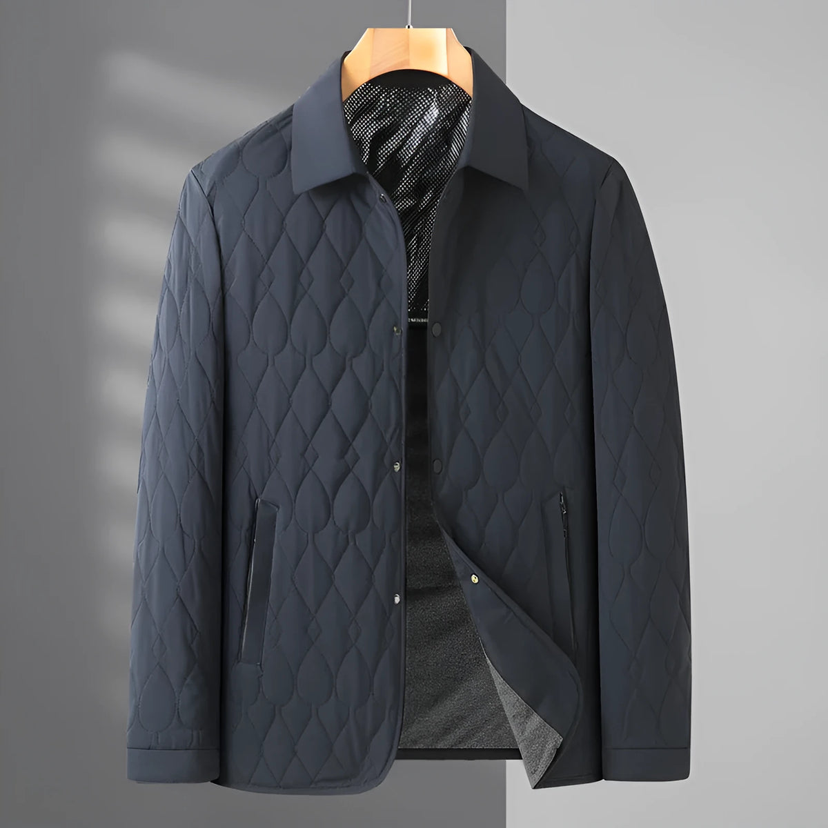 Men's black diamond lattice quilted jacket, lightweight polyester, sizes L-4XL, for autumn winter business or leisure