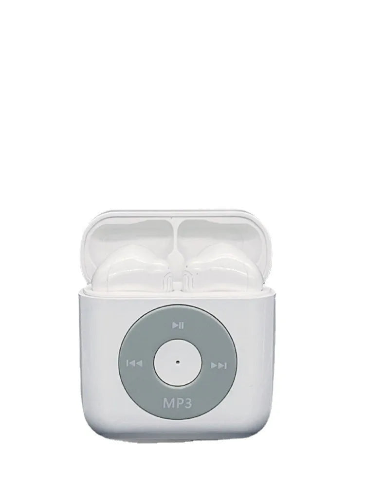 White wireless Bluetooth semi-in-ear earphones and charging case on a table.