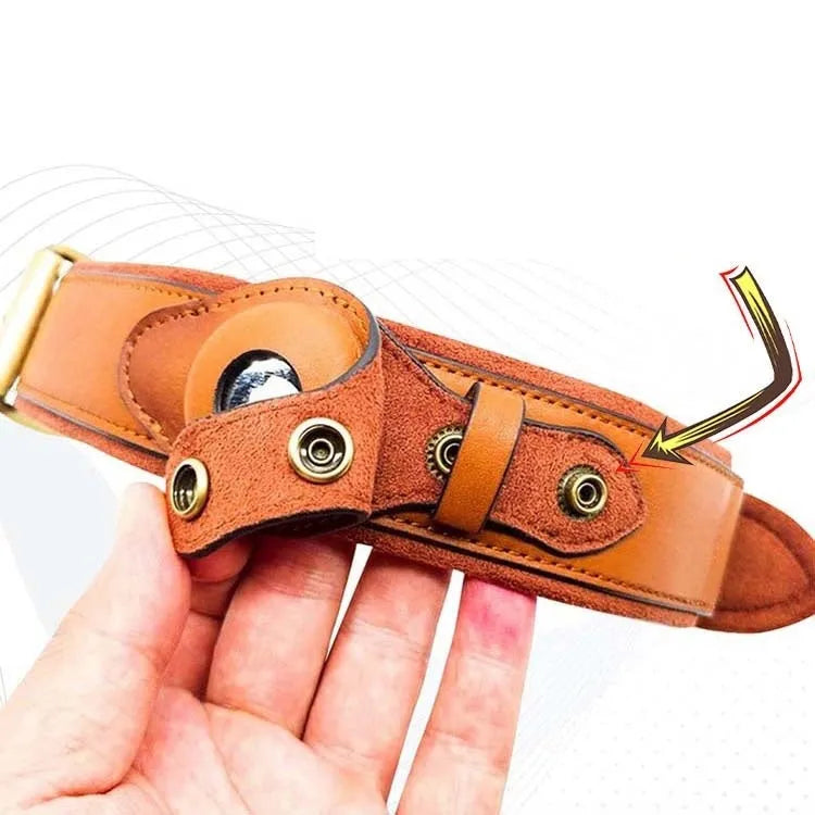Leather dog collar with location tracker holder in army green on a light background