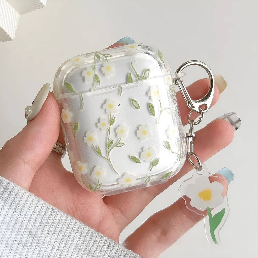 White floral pattern transparent TPU soft cover for Apple AirPods charging case.