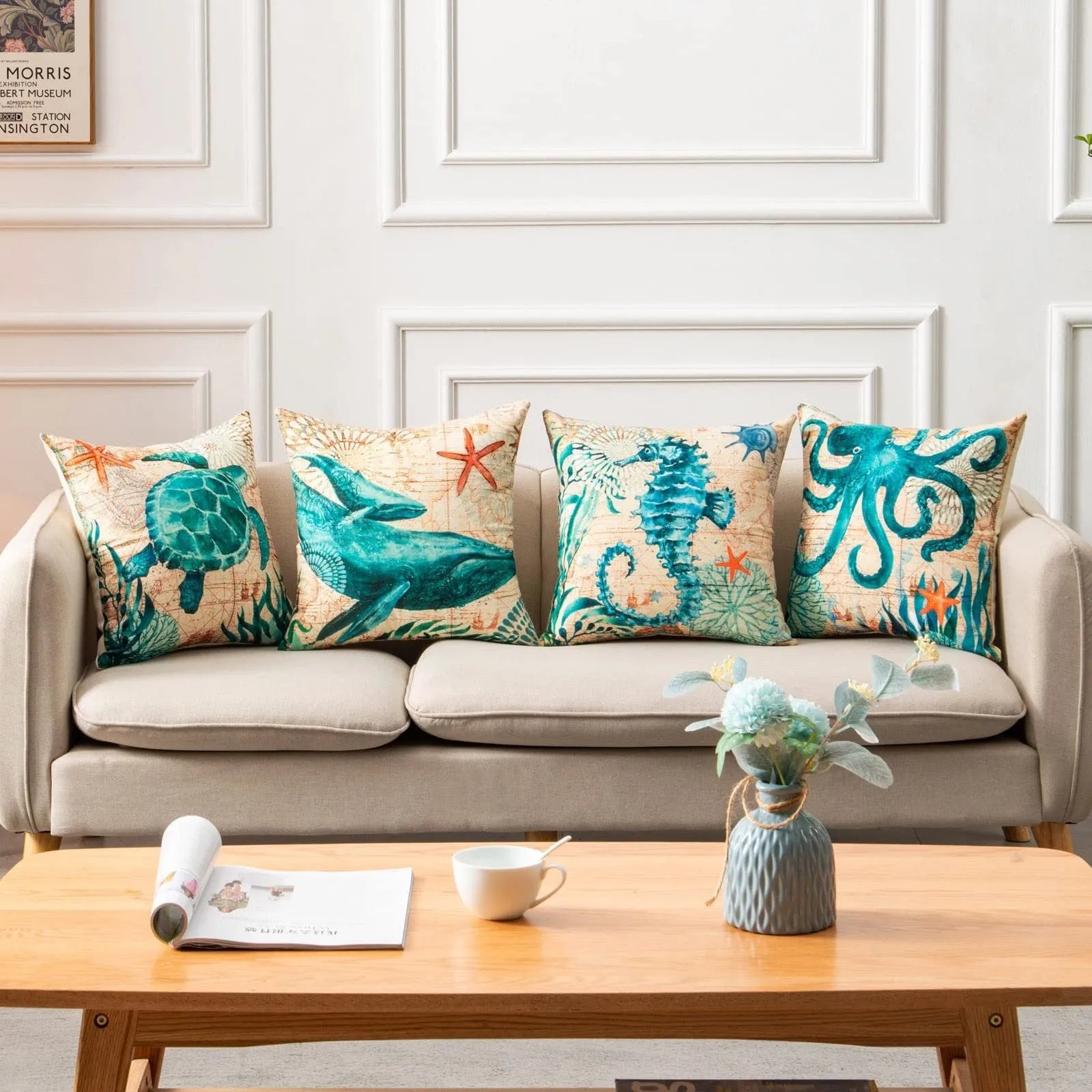 Sea turtle printed linen cushion cover 45x45cm with invisible zipper for sofa or chair