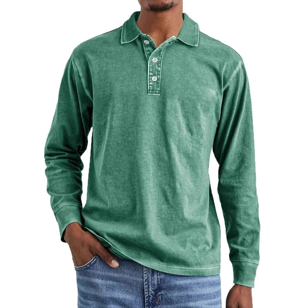 Men's retro-style long sleeve polo shirt in washed cotton with a lapel collar, shown in Army Green.