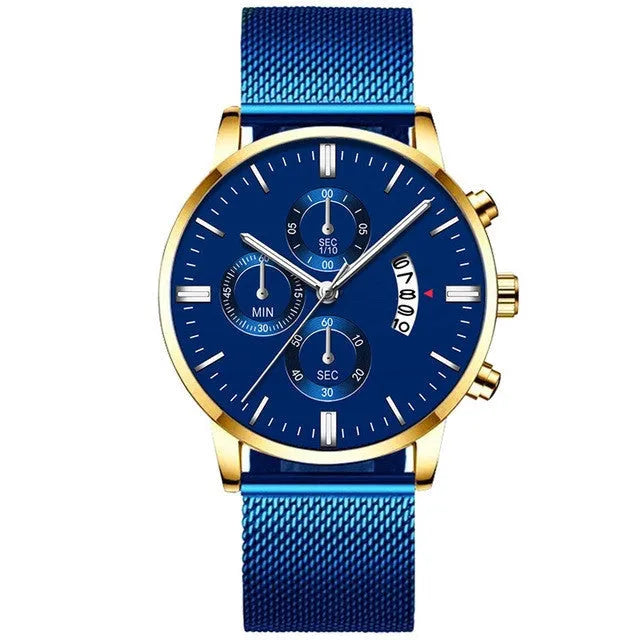 Men's stainless steel mesh band quartz watch with analog display and coloured case options.