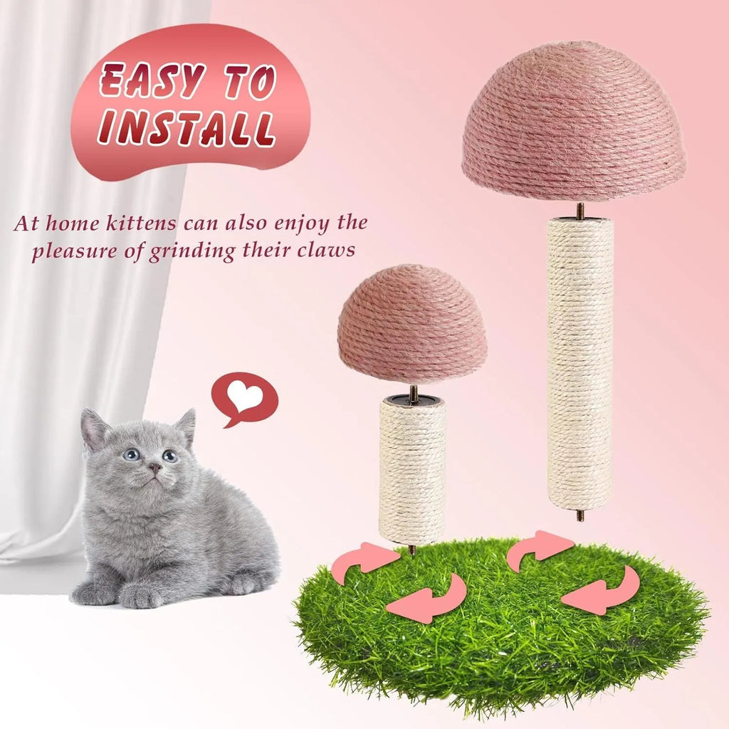 Pink mushroom-shaped cat scratching post with natural sisal covering for kittens and small cats