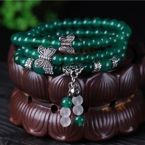 Green agate multi-layer bracelet with three circles of 6mm beads