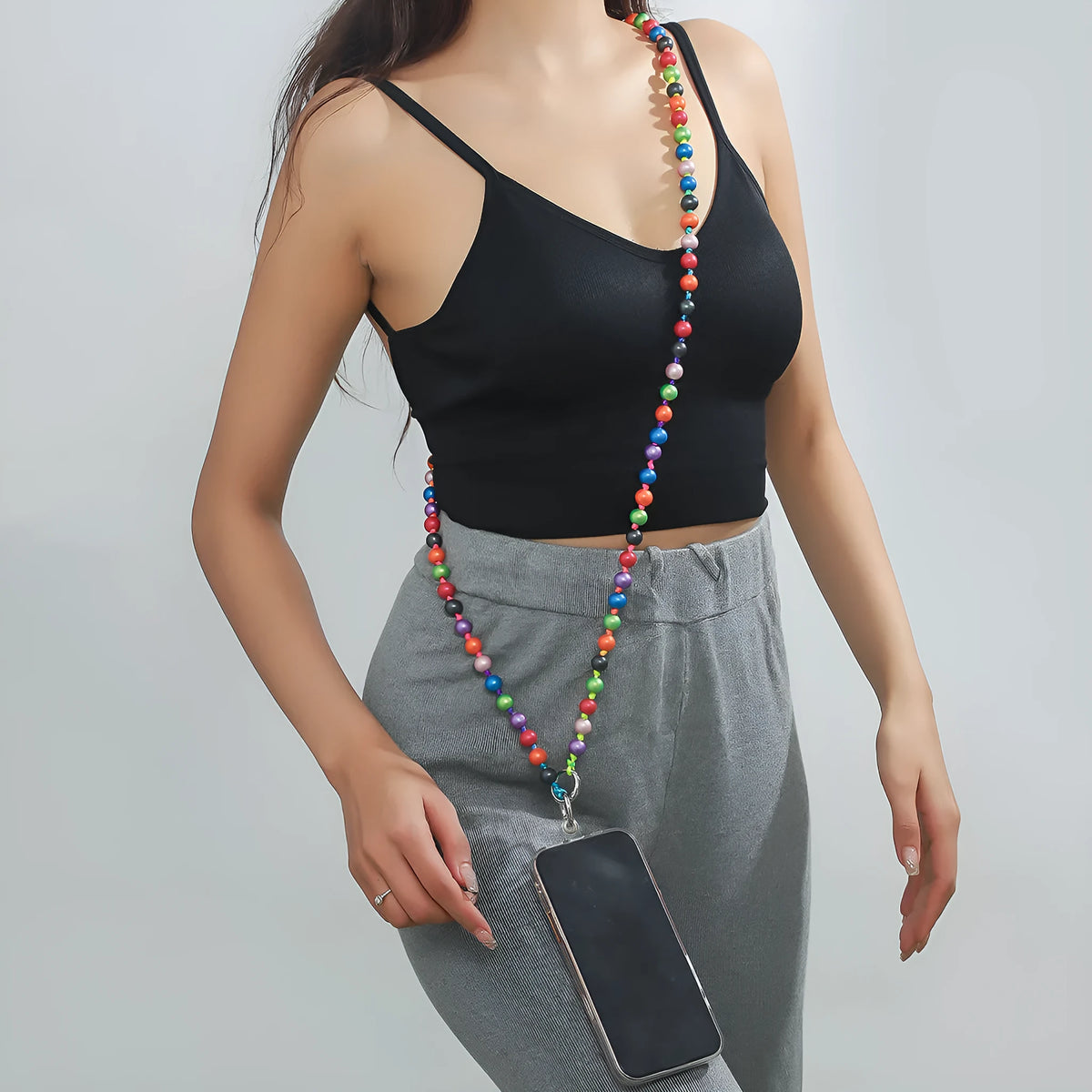 Wild color beaded mobile phone strap, stainless steel electroplated unisex chain, 81cm and above, geometric round design