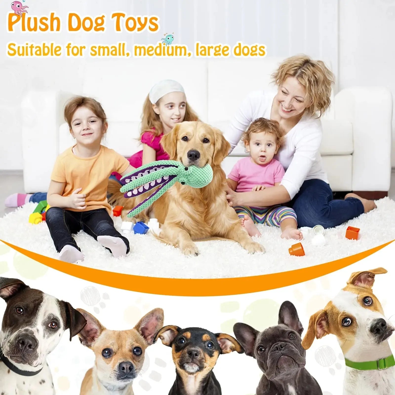 Blue plush squeaky dog toy with six long legs and cartoon design.