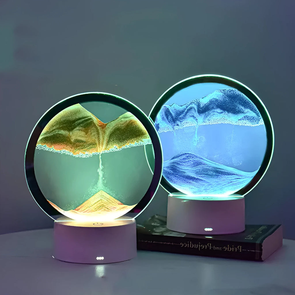 Creative 3D quicksand table lamp with glass shade and USB power cord on a wooden surface.