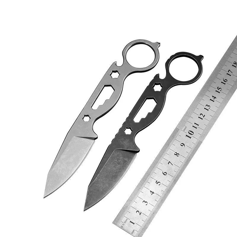 Wilderness Survival Small Straight Knife Hunting Knife Pocket Knife 440C Steel 177mm Total Length 65mm Blade 3.5mm Thick 57HRC Stone Wash Finish with K Sheath Bottle Opener Hex Wrench Broken Window Cone Black White