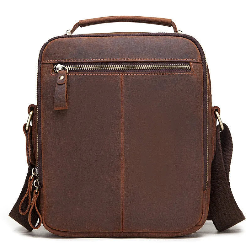 Men's brown genuine leather crossbody bag with single shoulder strap and vintage styling