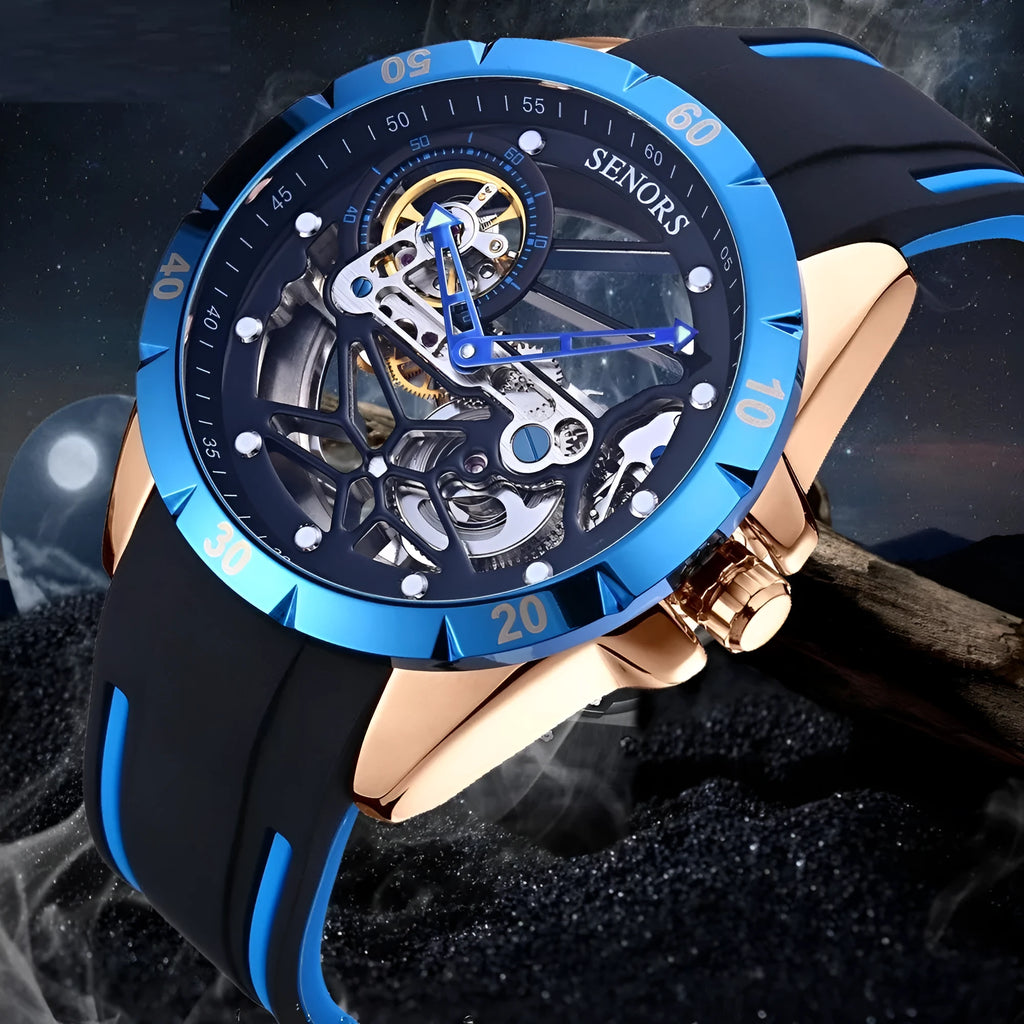 Men's rose gold skeleton automatic watch showing mechanical movement through hollow dial on wrist