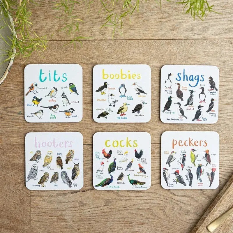 Set of 6 square bird pun coasters with PVC material, flower design, 10x10x0.35 cm each