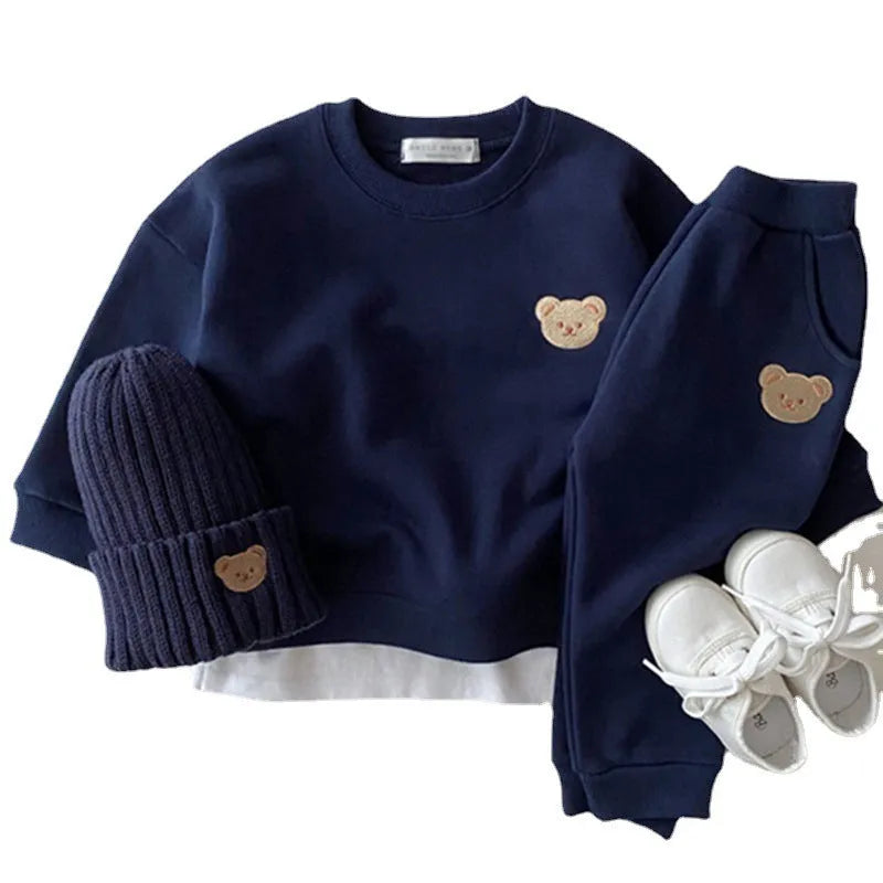 Children's cotton bear round neck sweater and trousers two piece set in yellow, dark blue, brown, pink, light gray