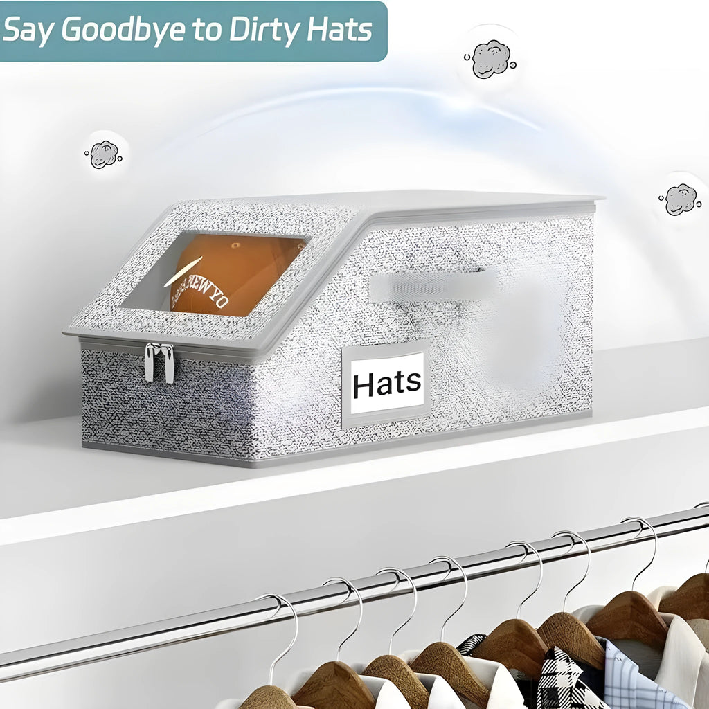 Grey foldable fabric storage box with cover, shown next to a baseball cap.