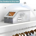 Grey foldable fabric storage box with cover, shown next to a baseball cap.