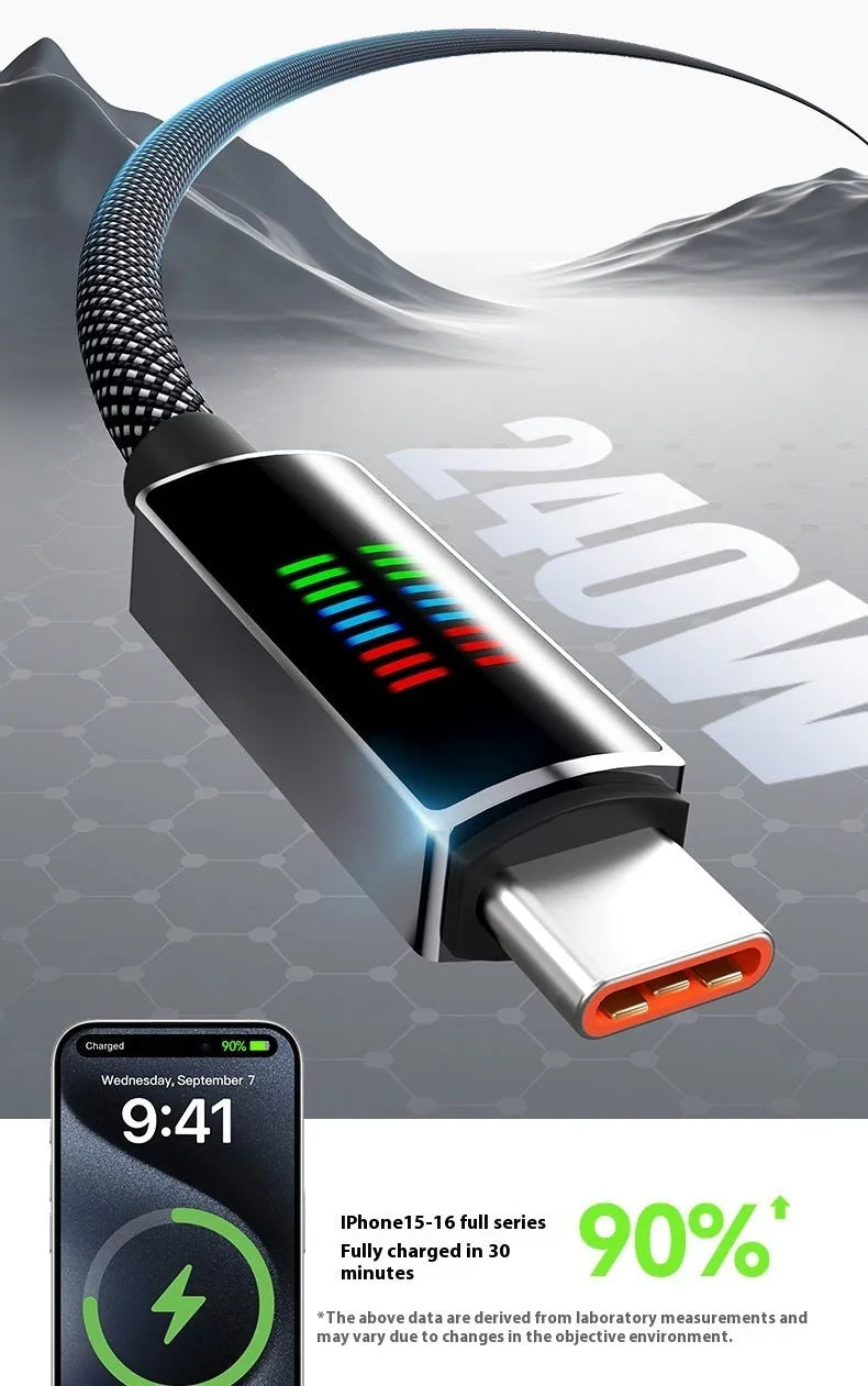 240W super fast charge Type-C woven cable with smart horse running light LED display in black, 1.2m length