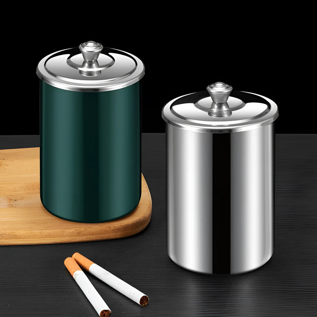 Stainless steel fly ash ashtray with cover, funnel and smoke button in various colours