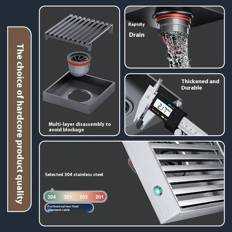 Gun grey 304 stainless steel courtyard floor drain with ABS plastic core measuring 15x15cm