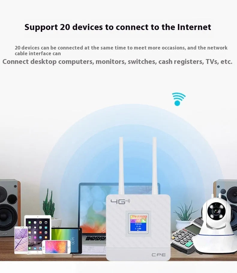 White LTE router for home office with two external black antennae connected, placed on a desk.