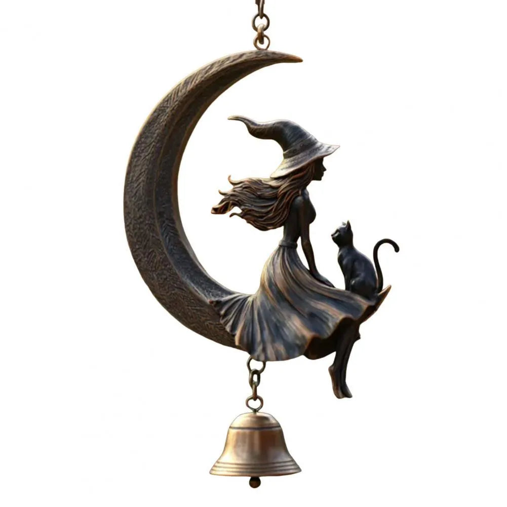 Witch moon and black cat bell pendant hanging ornament with suspension loop for courtyard decoration
