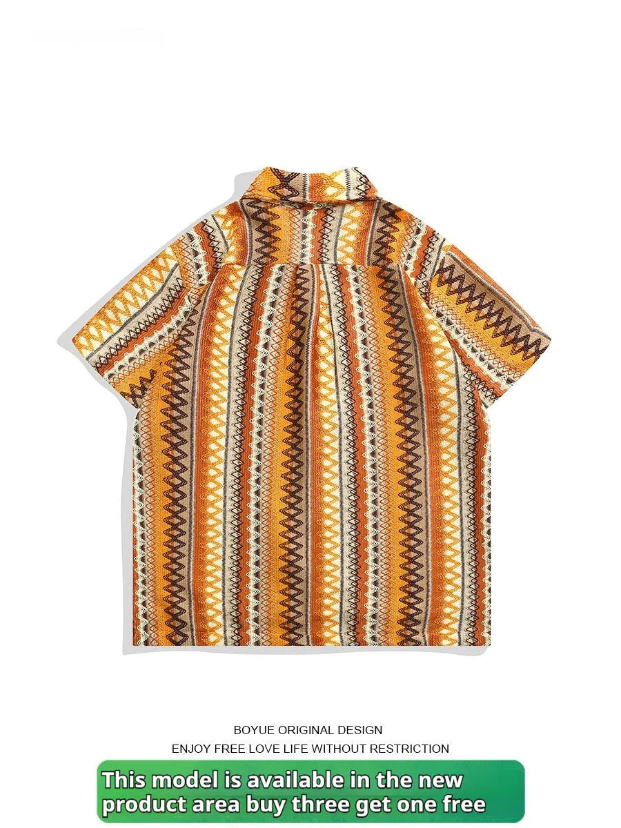 Ethnic woven Cuban collar shirt with contrast colours and short drop-shoulder sleeves.