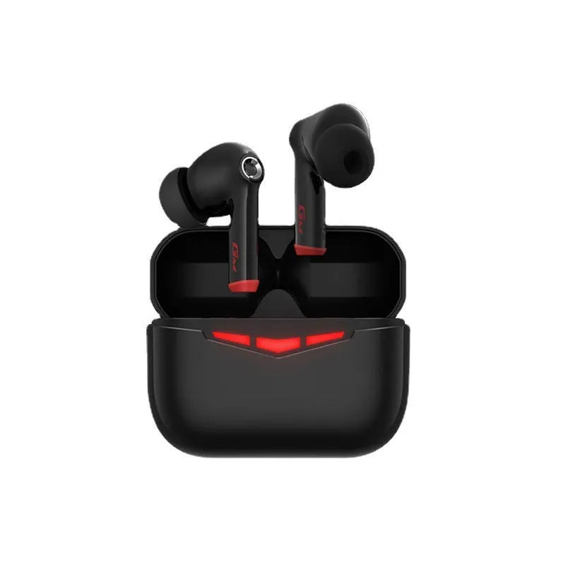 True wireless black Bluetooth in-ear gaming headphones with charging case and silicone ear muffs.