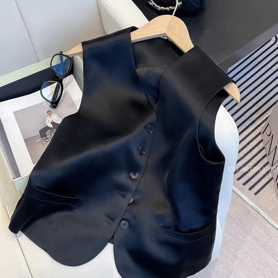Black satin loose-fit sleeveless vest for women on a hanger