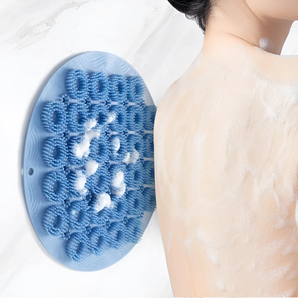 Sky blue silicone back bath brush with suction cup feet and plastic anti-skid pad, 30 x 30cm