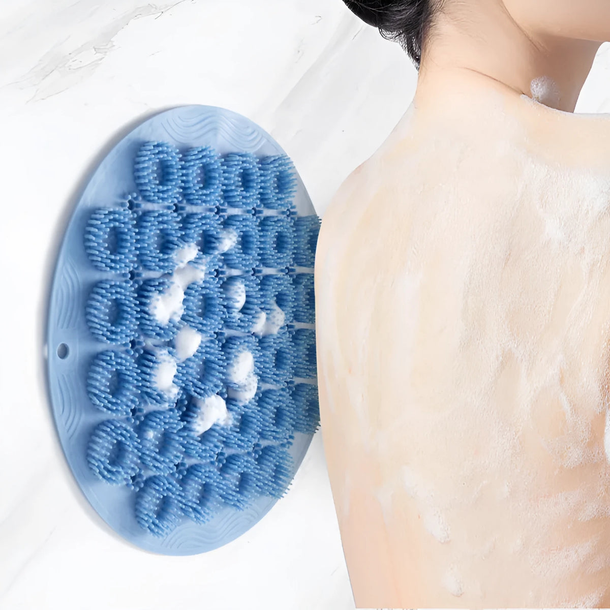 Sky blue silicone back bath brush with suction cup feet and plastic anti-skid pad, 30 x 30cm