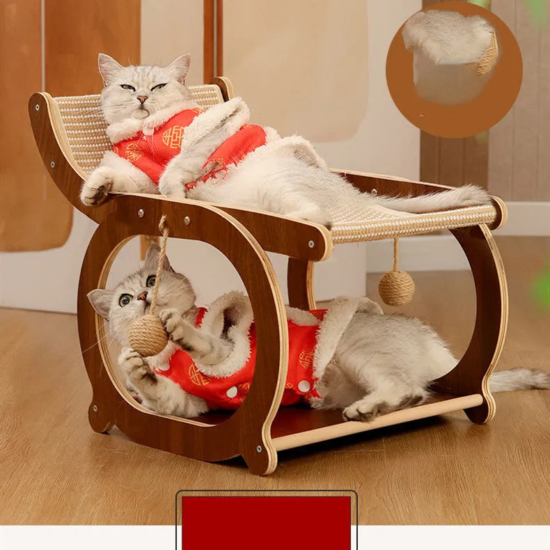 Solid wood cat tree with sisal scratching posts and a platform bed in walnut colour