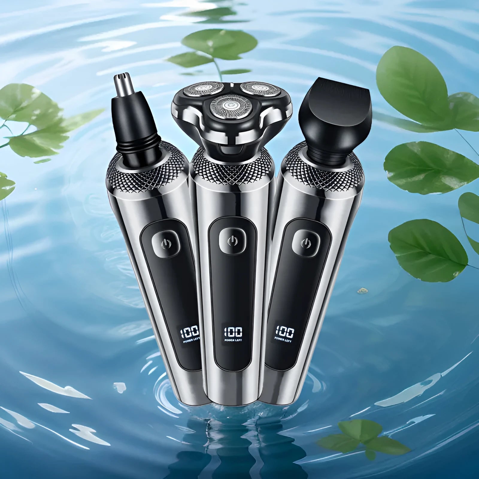USB rechargeable beard trimmer with digital display on a five-in-one charging base bracket.