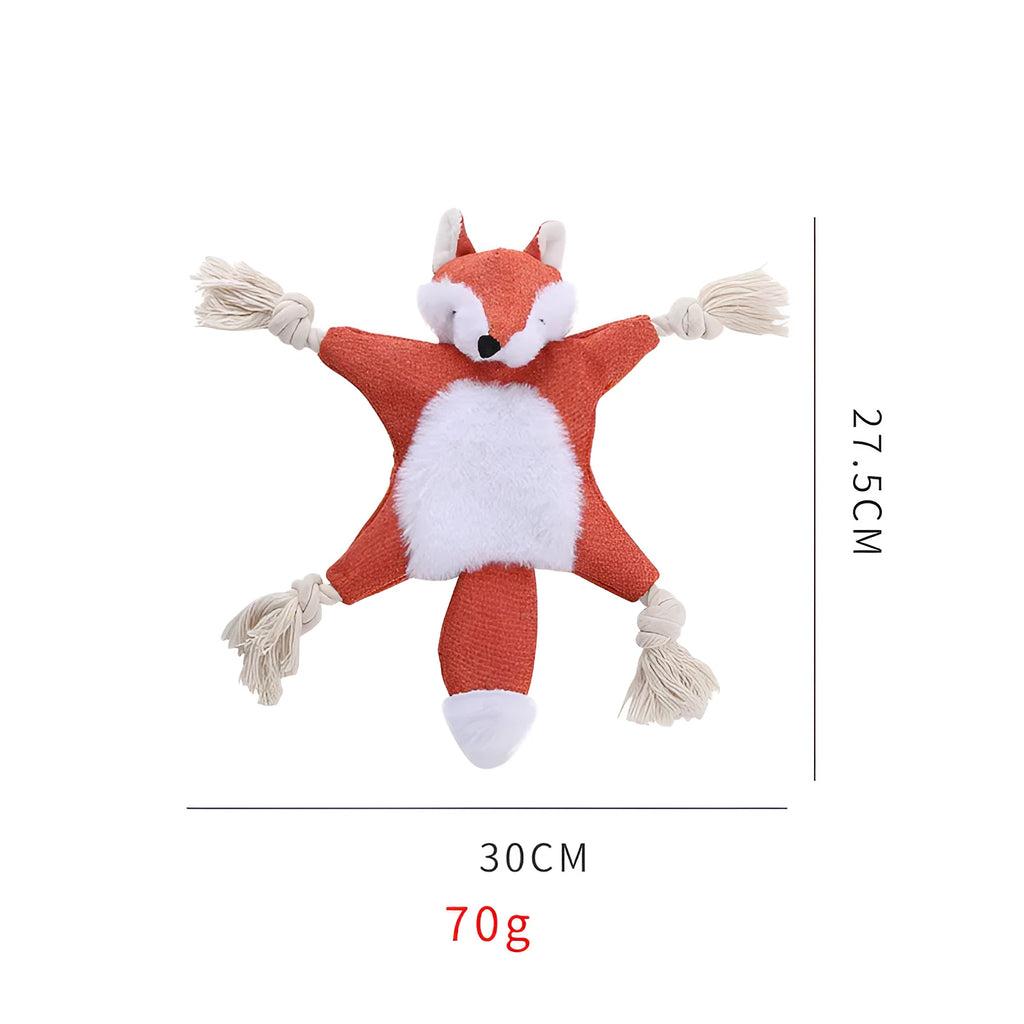Brown fox-shaped dog toy with rope arms and legs, embroidery eyes, squeaker and crinkle sounds