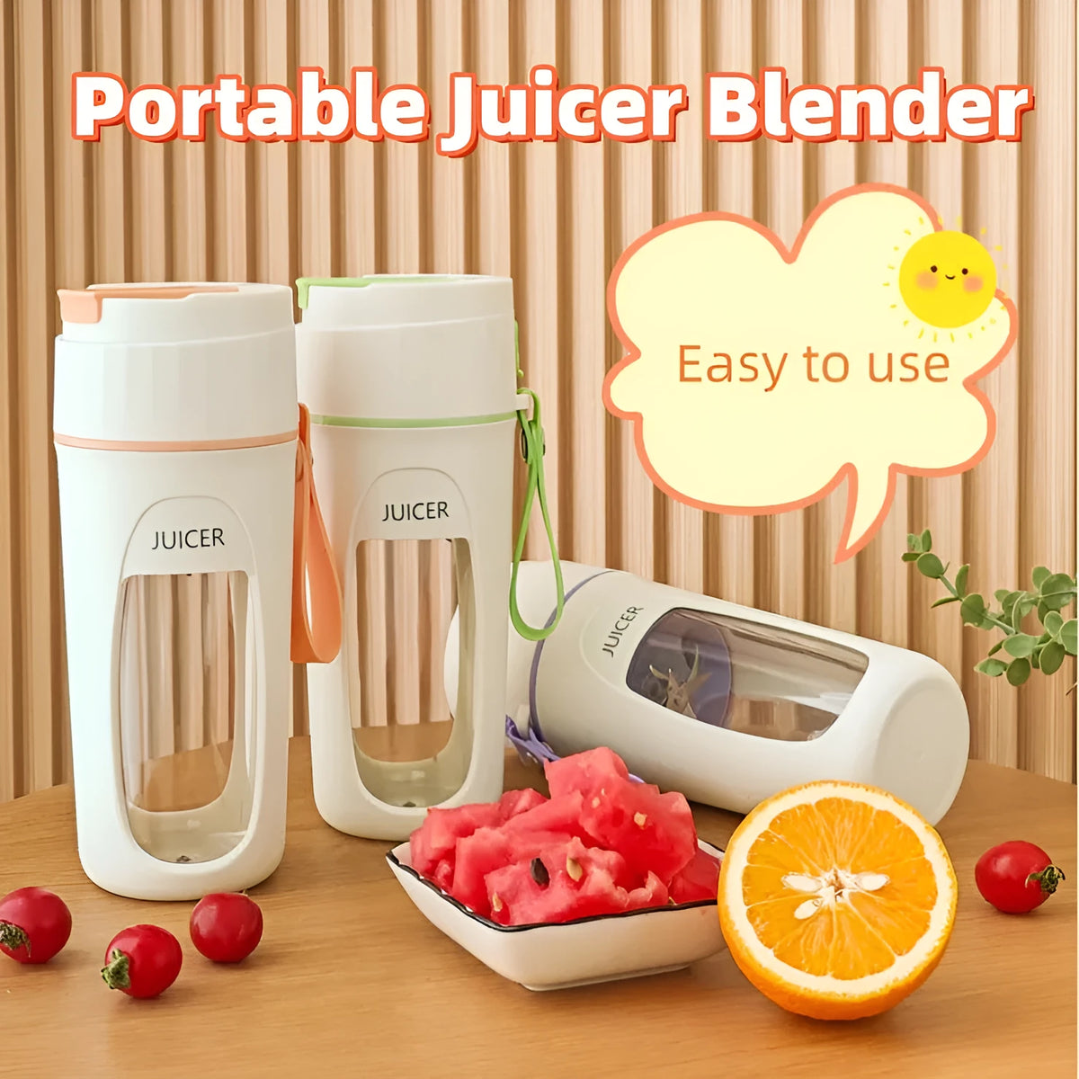 Portable USB charging blender cup with borosilicate glass liner in fresh orange colour