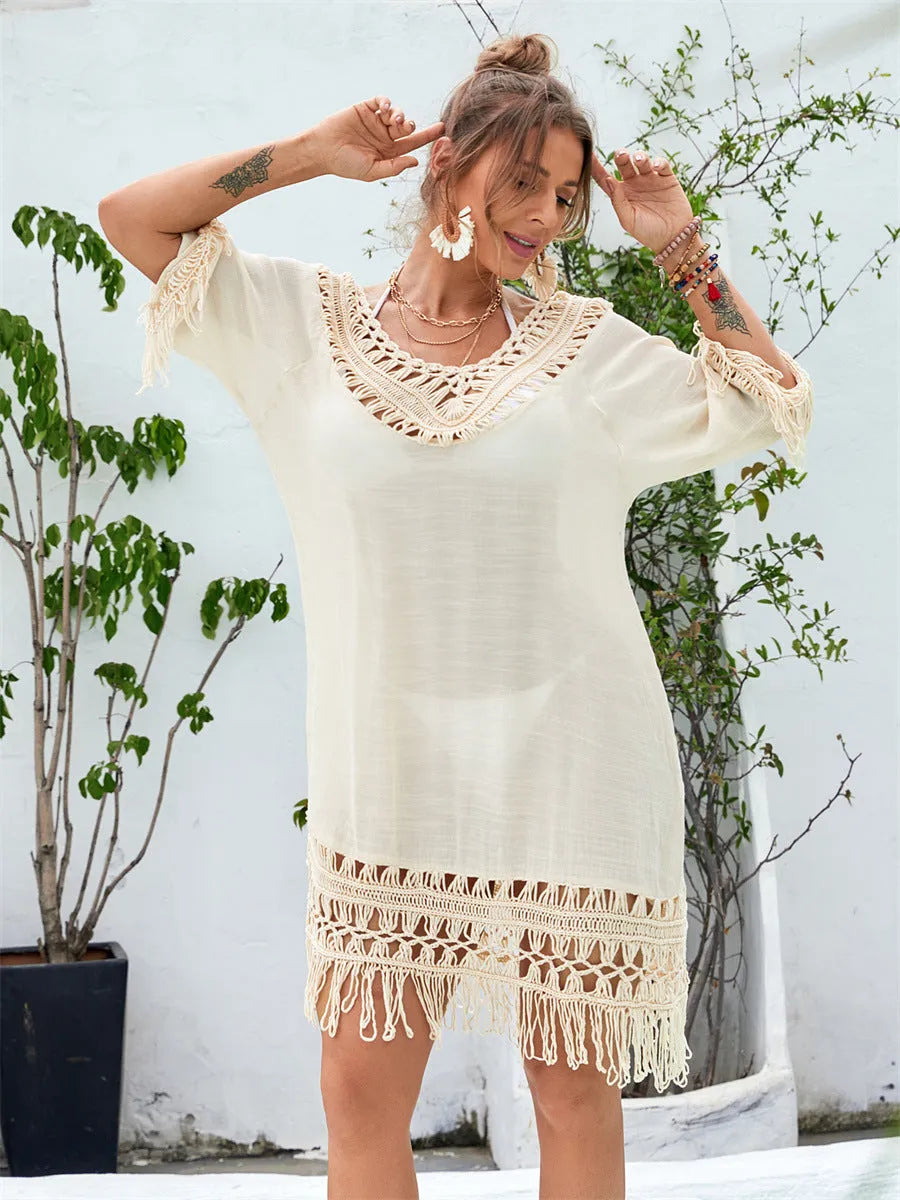 Women's hand-crocheted acrylic beach dress in apricot colour for swimming and wading sports