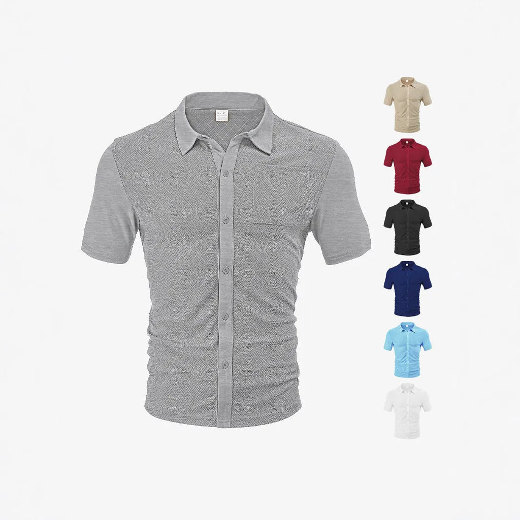 Loose breathable lapel cardigan in jacquard short sleeve style, available in multiple colours including navy blue and khaki